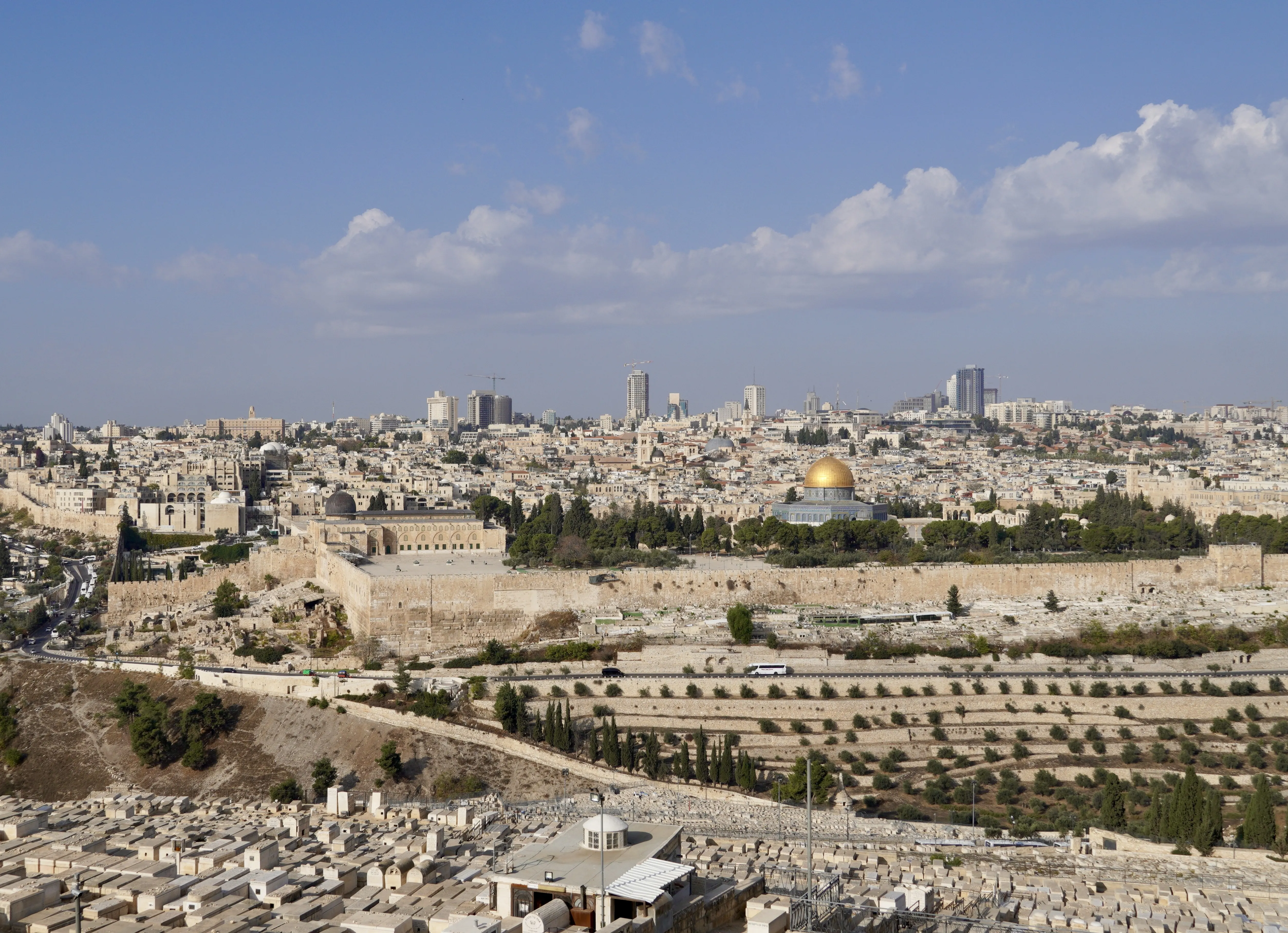 The Old City of Jerusalem seen from the Mount of Olives — its ancient walls, the Temple Mount, the Dome of the Rock, and terraced olive groves in the foreground